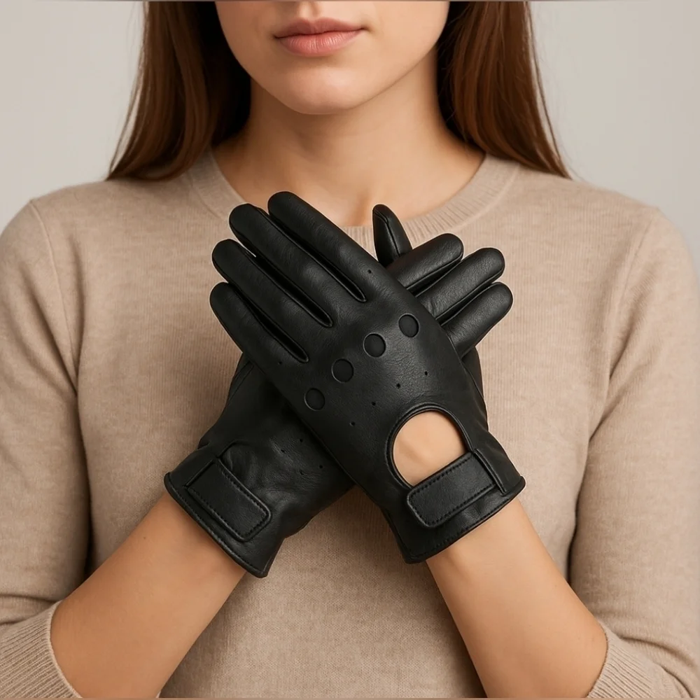 Vintage - Ladies Women's Black Genuine Leather Gloves Size Large Xs Front Strap